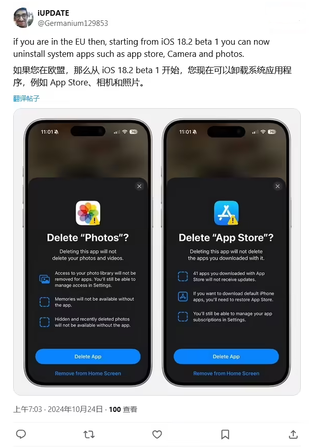 板桥镇苹果手机维修分享iOS 18.2 支持删除 App Store 应用商店 