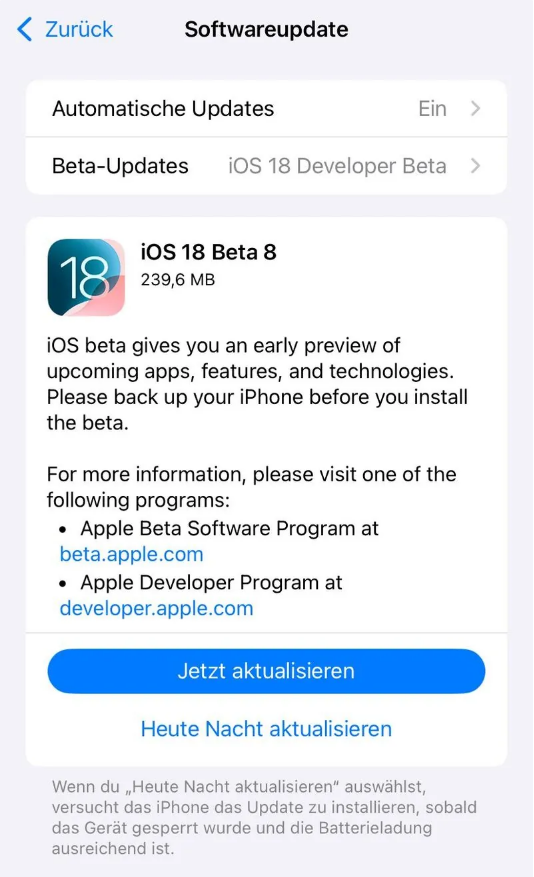 板桥镇苹果手机维修分享苹果 iOS / iPadOS 18 开发者预览版 Beta 8 发布 